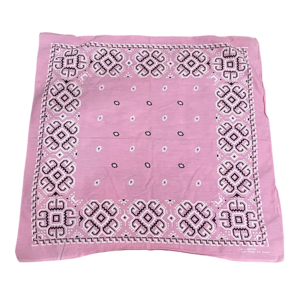VTG 1950 Bandana 18" Cotton Fast Color RN 13960 Pink USA Aztec Paisley Geometic